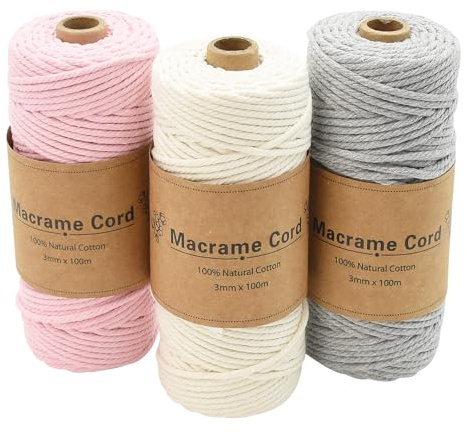 Coriver Hilo Macrame 3 mm, 3x100M Hilo de Macrame, Cuerda Macrame, Cordón de Algodón de Macramé, Hilos Macrame para Tapices Manualidades Cortinas Bricolaje Hogar Decoracion (4. Gris Claro)