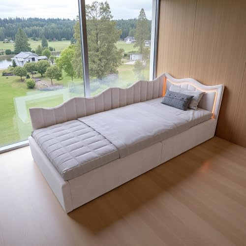 JYNVO Polsterbett Schlafsofa 90x200 mit LED-Beleuchtung, Jugendbett Tagesbett 90x200 mit Stauraum, Einzelbett mit Lattenrost, Gästebett, Bettgestell, Cremeweißer Samt, Ohne Matratze