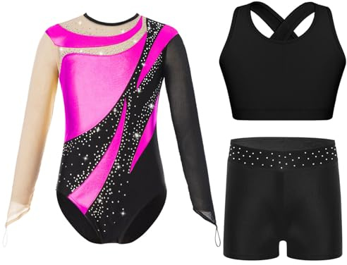 Sinleey 3-teiliges Gymnastikanzug Mädchen Turnanzug Langarm Kinder Leotard Tanz Ballet Mit Shorts und BH Sports Gymnastik Outfit Sport Fitness Set Kostüm