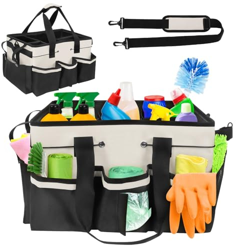 Cleaning Caddy Bag, Cleaning Caddy Organiser with Handle, Cleaning Bag for Cleaning Supplies, Garden, Car, Home (White)