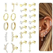 Adramata 12 Paar Ohrringe Gold Set Hypoallergen Chirurgenstahl Ohrringe für Damen Klein Ohrring Creolen Flatback Medizinische Ohrstecker Set Gold Silber Knorpel Conch Tragus Helix Piercing