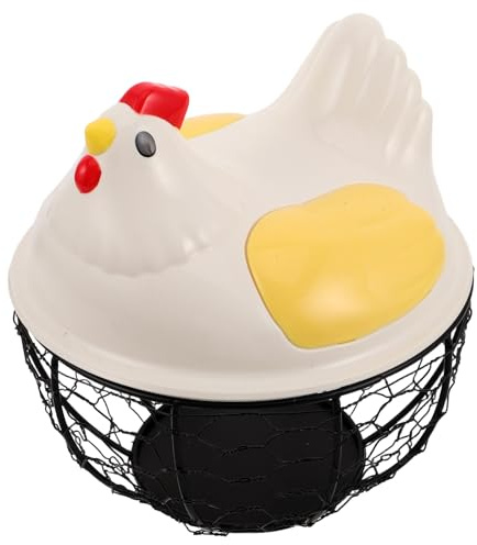 Cabilock Cesta de alambre para huevos con tapa en forma de pollo, rústica, para guardar huevos frescos de gallina, ideal para decorar el hogar, la cocina y la granja.
