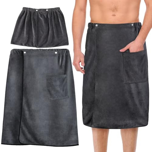 2 Unisex-Saunakilt–SaugfäHig, Schnelltrocknend, Hautfreundlich, Verstellbare Taille，Saunatuch-Geeignet FüR Fitnessstudio, Dusche, Sauna, Spa, Strand-Saunahandtuch Herre Grau 30*140CM+70*140CM