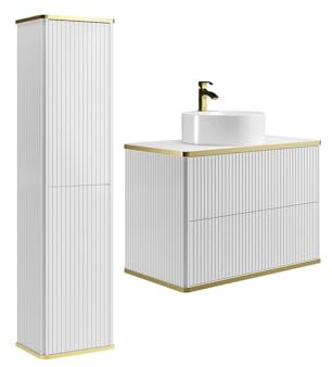 Vente-unique-Mobile bagno sospeso con scanalature con lavabo d'appoggio tondo e colonna - Bianco - 80 cm - KELIZA