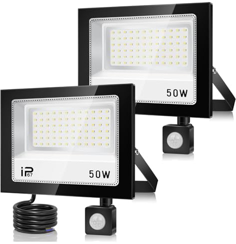Projecteur LED Exterieur Detecteur de Mouvement 50W 2 Pièces,5000LM 7000K Blanc Froid Eclairage Exterieur, IP67 Etanche Spot LED Avec Détecteur,72 LEDs Lampe Exterieur pour Terrasse Garage Jardin