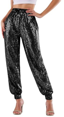 Glitzer Hose Damen Pailletten Hose Hose High Waist Elegant Lang Glitzerhosen Frauen Freizeithose Party Rave Outfit Pailettenhose für Karneval, Tanz, Disco, Clubwear