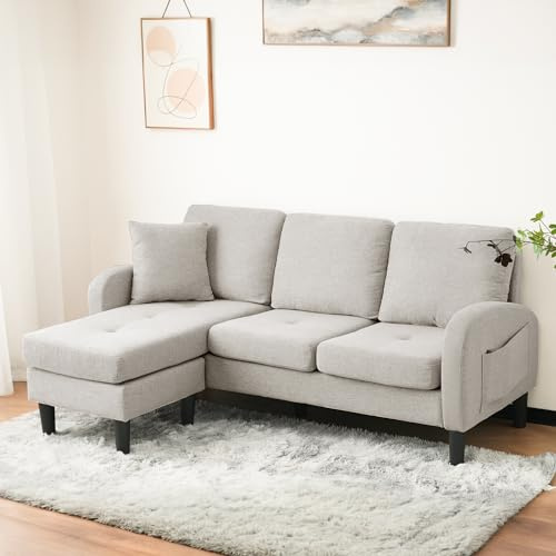 Luscriate Modulares L-Form Ecksofa, L Sofa Klein 3-Sitzer Schlafsofa mit Chaiselongue & Fußhocker, Couch für kleine Wohnungen, Grau (Beige Gray+White, 3-Sitzer)