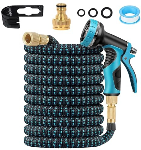 Tubo Estensibile da Giardino 15m/50FT, Tubo Estensibile da Giardino con Adattatori da 1/2 e 3/4, Tubo Per Acqua In Lattice A 3 Strati Resistente per Irrigazione e Lavaggio (50FT)