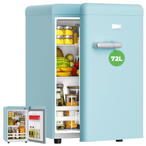 Retro Mini Fridge 72L, 43dB Quiet & Auto LED Light, 7 Temperature Levels 6°C-18°C, Compact Vintage Small Fridge for Home, Office, Bedroom, RV Bar [Energy Class E] (Soft Green)