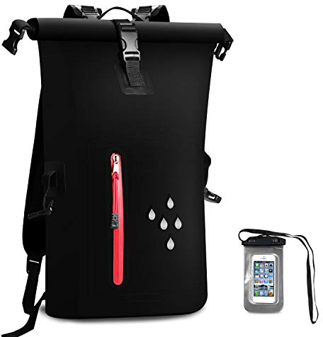 Wasserdichter Dry Bags Rucksack, 25L Heavy Duty Roll-Top-Verschluss Reiserucksack mit IPX8 Waterproof Handy-Hülle für Bootfahren, Strand, Kajak, Skifahren, Angeln, Camping, Schwimmen (Schwarz)