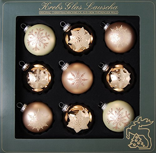 Krebs Glas Lauscha Glaskugelsortiment 9-fach - Christbaumschmuck - Weihnachtsbaumschmuck - in Beige Cappuccino - Größe: 8cm
