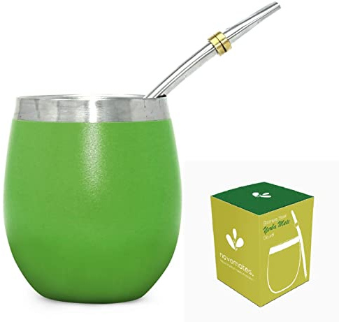 Novomates [NEW Pot à Maté avec Bombilla en Acier Inoxydable – Meilleure Kit pour le Thé Maté Argentin – Mug à Double Paroi en Acier Inoxydable avec Paille en Acier Réutilisable - 237ml (Vert)