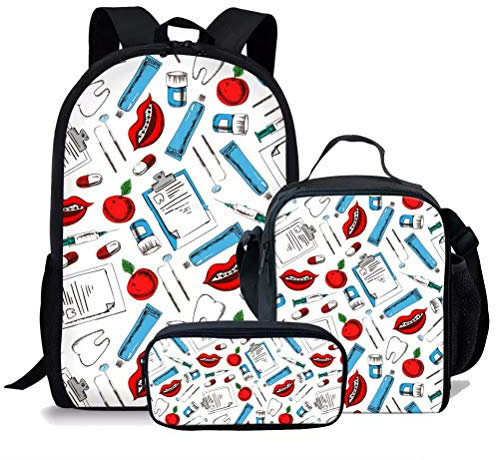 chaqlin Medizinischer Zahnarzt-Rucksack für Schule, Jungen, Mädchen, Elementar, Kinder, Krankenschwester, Rucksack, Taschenset mit Lunchtasche, Federmäppchen Mehrfarbig Cartoon Dentist-3 Einheitsgröße