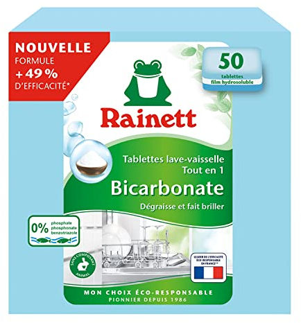 RAINETT - Pastilles Lave-Vaisselle Tout-en-Un au Bicarbonate - Résultat Brillant, Sans Traces - Etui Carton Recyclé & Recyclable - Ecolabel - 50 Tablettes