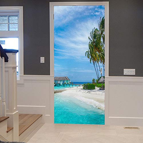 A.Monamour Türtapete Selbstklebend Türfolie Türposter 3D Sommer Strand Meer Blauen Himmel Palmen Tropische Natur Vinyl Folie Türdeko Tapete Wandbild Türaufkleber Türtattoo 90 x 200 cm