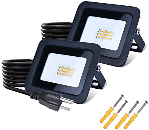 MIWAT 20W 2Pack LED Flood Light with 5FT Cord, Plug in Safety Lights for Flag, Garden, Indoor and Doorway (Black Shell, Warm White)