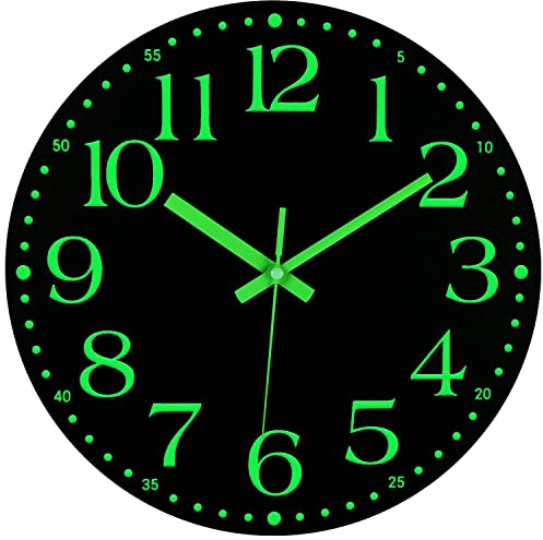 JoFomp Wanduhr aus Holz, leuchtet im Dunkeln, 30,5 cm, leise, Nicht tickende, batteriebetriebene Uhr, energieabsorbierende leuchtende Ziffern und Zeiger, beleuchtete Wanduhr, Dekoration für