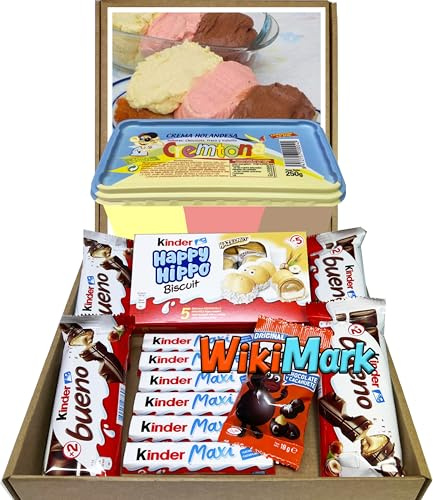 Cesta Regalo Chocolate y Crema 3 Sabores, Recuerda Años 80s, Regalo Original, Kinder Bueno, Barritas Kinder Chocolate, Happy Hippo, 1 Crema Fresa, Choco y Vainilla Cremtona.