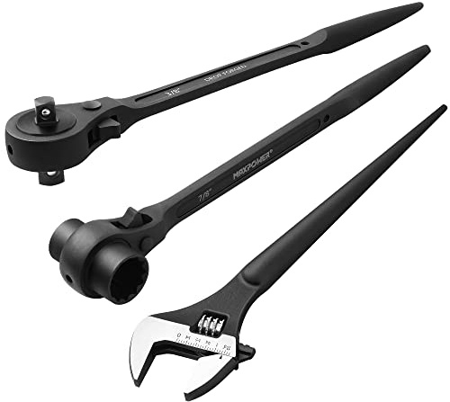 MAXPOWER 3Pcs Spud Ratchet Set, 3/4 x 7/8 Dual Socket Scaffold Wrench, 1/2 x 3/8 Dual Head Ratchet, 12 inch Spud Wrench