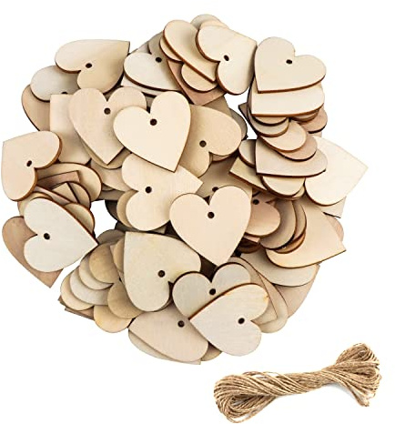 100 Holzherzen Scheiben, Herz Anhänger, Streudeko Herzen Set, 40 mm Holz Herzen Deco Scheiben mit 10m Jute Schnur für Gästebuch Beschriften DIY Handwerk