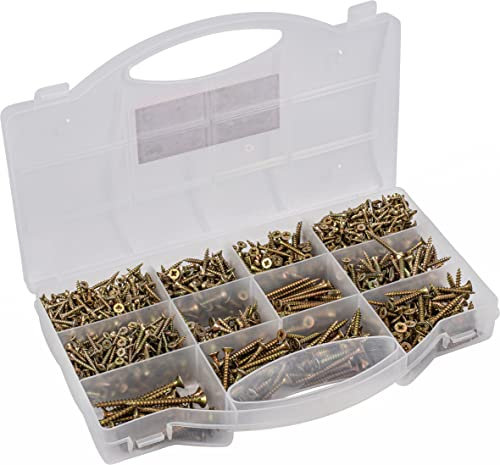 Connex DP8500131 Assortiment de vis universelles 900 pièces – Différentes tailles – Tête fraisée – Entraînement PZ Pozidriv – Filetage complet – Jaune galvanisé/jeu de vis/boîte d'assortiment