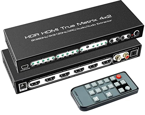 befen HDMI Matrix, HDMI 4K Matrix Switch Splitter 8K 60HZ hdmi 2.1 matrix 4X2 Switcher 4 in 2 Out 4K 120HZ with Remote Support 48Gbps HDR10 HDCP2.3 Dolby Vision Atmos SPDIF 5.1CH ARC