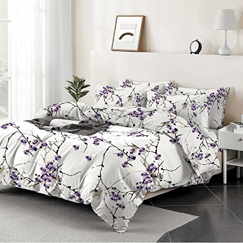 4PCS 100% Egyptian Cotton Printed Duvet Cover Set with Fitted Sheet and 2 Pillowcases - 400 Thread Count King Size Duvet Cover Reversible Floral Bedding Set (Exotic Lilac)