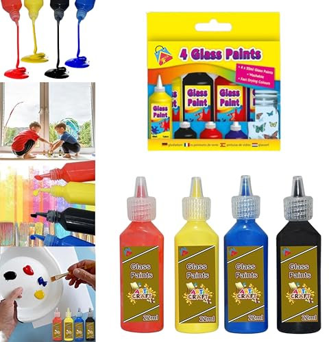 HOVUK Kit de peinture sur verre teinté pour verre 4 couleurs – 22 ml transparent permanent pour enfants et adultes, peinture pour verres à vin et fenêtres