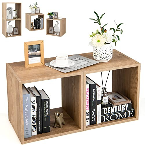 CASART 2-Cube Bookcase, Stackable Cube Storage Unit, Wooden Sofa Side Table Small Bookshelf for Living Room Study Bedroom (Natural)