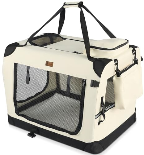 VOUNOT® Transportín Perro Gato XL 82x60x60cm, Bolsa Transporte Transpirable Mascotas con Bolsillos Alfombrilla Extraíble Tira Reflectante, Caja Plegable Transportadora Portador de Viaje Mascotas Beige