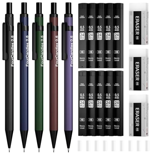 Four Candies Druckbleistift Set 0,5 mm - 5 Stück Metall Minenbleistift mit Doppelfeder, Vintage-Fässer, mit HB Mine und Radierer