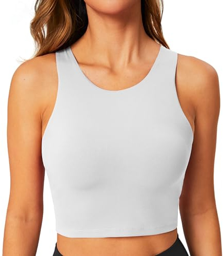 BAYDI Sportbehå för kvinnor utan bygel, bustier, högstängd, crop top, racerback, linne, avtagbar stoppning, yoga-bh, Vit, XL
