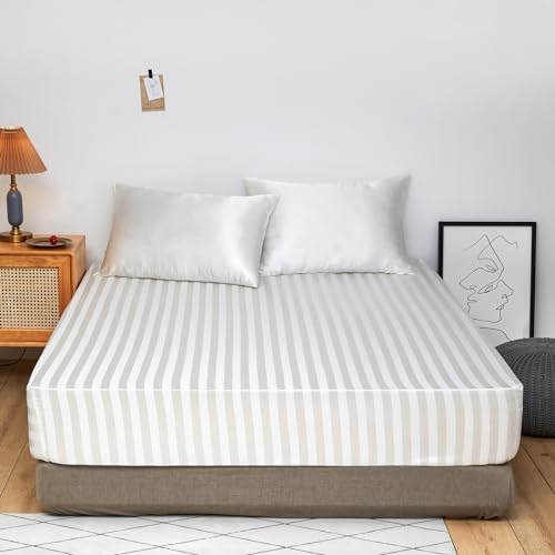 Spannbettlaken Boxspringbett 160x200 cm Satin Glanz Glänzend Kühlende Luxus Beige Weiß Muster Topper Bettlaken Glatt Seide Spannbetttücher Leintuch 160 x 200 Hohe Matratze bis 25-30 cm