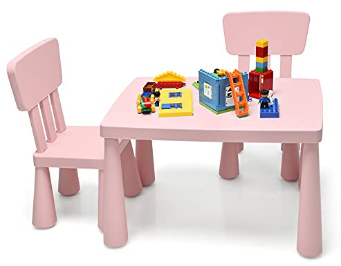 HOMGX Toddler Table and Chair Set, Plastic Kid Activity Table & 2 Chairs, 3-Piece Children Playroom Furniture Set for Reading, Writing & Painting, Kids Table and Chair Set for Age 3-7 (Pink)