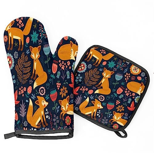 Topflappen Und Topflappen Set Von 2 Niedliche Cartoon Fuchs Blume Ofenhandschuhe Kitchen Hitzebeständige Grillhandschuhe Küchendekoration Topfhandschuhe, Für Cafe, BBQ