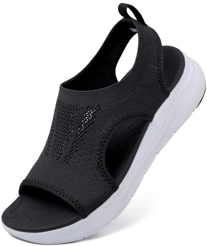 DimaiGlobal Women's Summer Washable Slingback Orthopedic Slide Platform Sport Sandals With Arch Support Wedge Walking Sandals Casual Thick Bottom Comfy Knit Sandals 6UK Black/White
