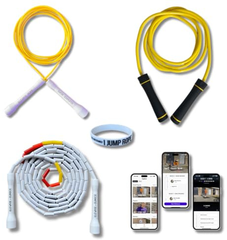 Professionelles Springseil Set Mit Workout App - Elevate Rope - 3 x Verstellbares Jump Rope - Springseile für Erwachsene - Geschwindigkeit, Perlen, Heavy Rope - Cardio, Power & Tricks - Indoor &