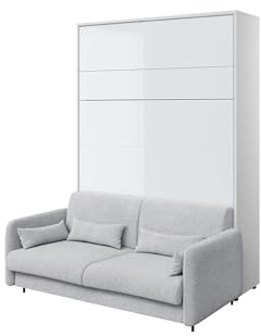 MEBLINI Schrankbett mit Sofa Bed Concept - Wandbett mit Lattenrost - Klappbett mit Schrank - Wandklappbett - Murphy Bed - BC-12-160x200cm Vertikal - Weiß Hochglanz/Grau mit Matratze