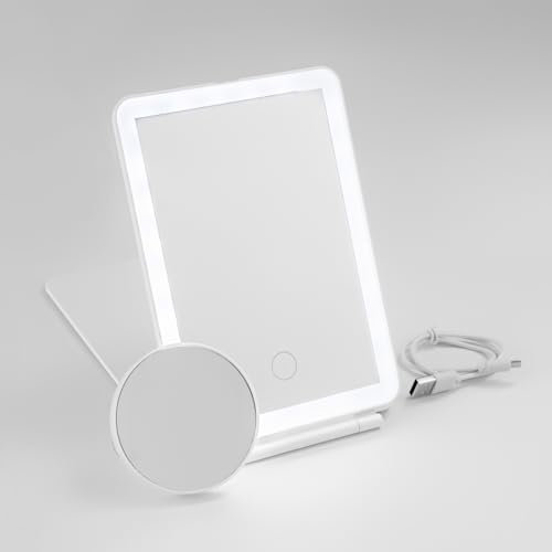 Maquillaje con Luz Portátil, Espejo con Luz Ajustable 3 en 1, Pantalla Táctil USB Recargable y Aumento x5