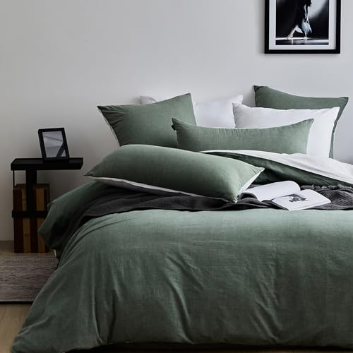 MILDLY Housse de Couette 220x240 Coton, Vert Parure de Lit 220x240 Coton avec 2 Taie d'oreiller 65x65 cm, 100% Coton Lavé, Certifié Oeko-TEX, Verte Sauge Parure Housse Couette avec Fermeture Éclair