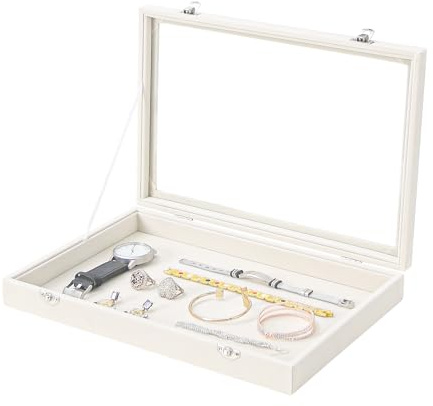 Coward Schmuck-Aufbewahrungsbox, Beige Samt-Display-Tray-Box mit Deckel für die Aufbewahrung von Halsketten, Armbändern, Ringen, Perlen und Schmuckzubehör