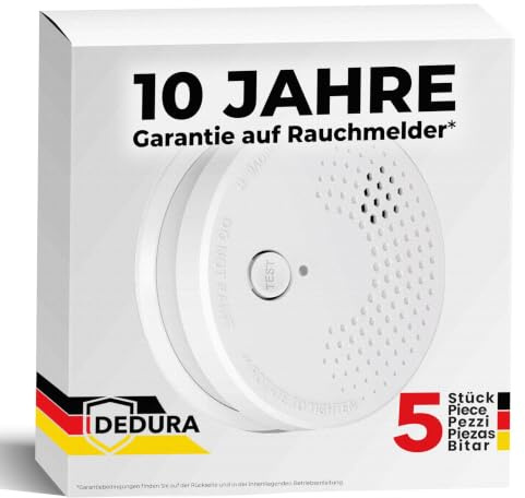 Rauchmelder 5er Set mit 10 Jahre Garantie BSI Zertifiziert nach DIN EN14604 inkl. 9V Batterie Rauchwarnmelder Brandmelder Feuermelder