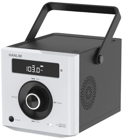 CD Player Tragbar mit Bluetooth, UKW Radio, 2000mAh wiederaufladbare Akku, MP3-Wiedergabe/USB/AUX-Eingang/Kopfhöreranschluss/Fernbedienung, 10W Lautsprecher, kompakter Tragbarer CD-Player, Weiß