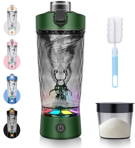 SOARFLY Elektrischer Shaker, Protein Shaker Elektrisch mit Pulverfach 650ML, akku shaker mit Schillernden Lichtern, für Potein Pulver und Milchshake, BPA-frei, Olivgrün