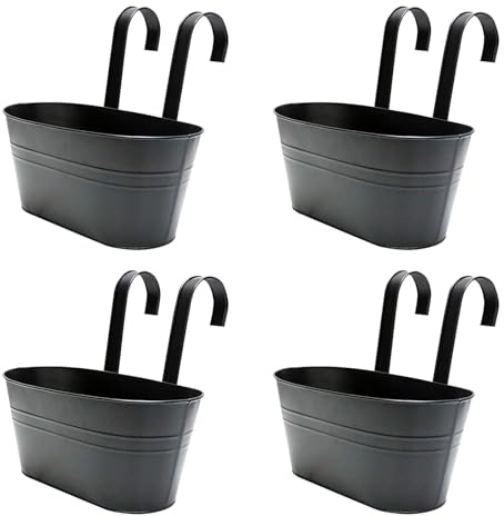 CITÉTOILE 4 Pièces Pots de Fleurs Suspendus en Métal,Pots Suspendus Balcon avec Trou de Drainage, Pots Suspendus Noir avec Crochet Amovible pour Balcon, Clôture, Jardin, Mur,Maison Décor