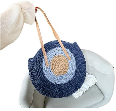 SUBLXPoten Strohtasche Handgefertigte, gewebte Sommer-Strand-Rund-Strohtaschen for Frauen, Rattan-Schulter-Einkaufstasche, weibliche Handtasche(Blue)