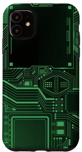 Coque pour iPhone 11 Carte mère Microchip Circuit IT Fond d'ordinateur Vert