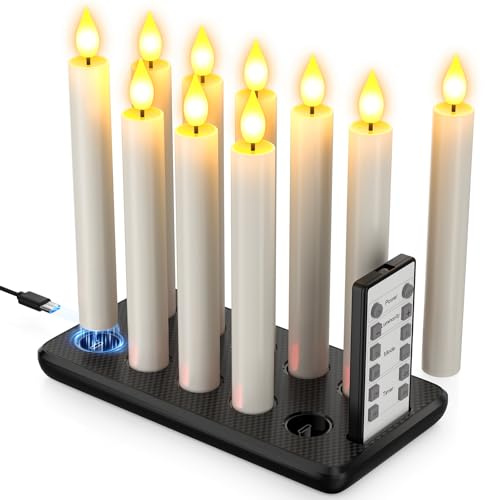 Yme 10er LED Stabkerzen mit Timerfunktion und Ladestation H/D: 17x2 cm | Flackernd Wiederaufladbare Kerzen mit Fernbedienung für Zimmer Tisch Halloween Party Deko Weihnachten Restaurant Hochzeit