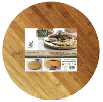 JUANIO Bandeja redonda giratoria, bandeja para servir giratoria, Plato redondo giratorio de mesa en Bambú - Diámetro 50 x Altura 2.5 cm