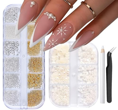 LunarCharm 2 Stück Nail Art Perlen mit Pinzette flache Rückseite Perlen Nail Charms Gold Silber Nail Art Supplies Design Nagelzubehör Strass Gemischt strasssteine nägel